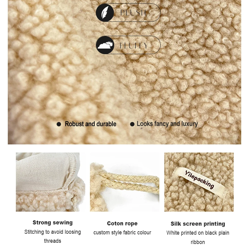 SA8000 GRS Yile Custom Fleece Drawstring Bag with Cotton Lining Sherpa Women Cosmetic Travel Pouch Favor Bags