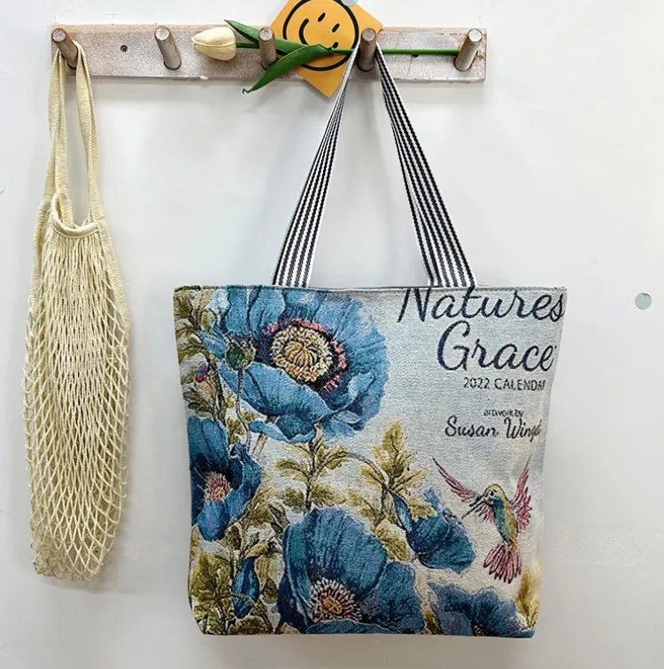 New gold silk cloth bag fashion retro leisure sunflower print canvas shoulder bag creative pattern ladies Tote bag