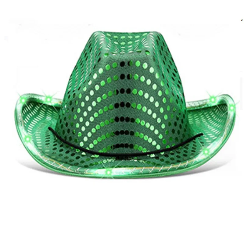 High Quality Bulk Light Up Glitter Western Party Concert Costume Unisex Cowboy Hats With LED Flashing Lights Adjustable Straps