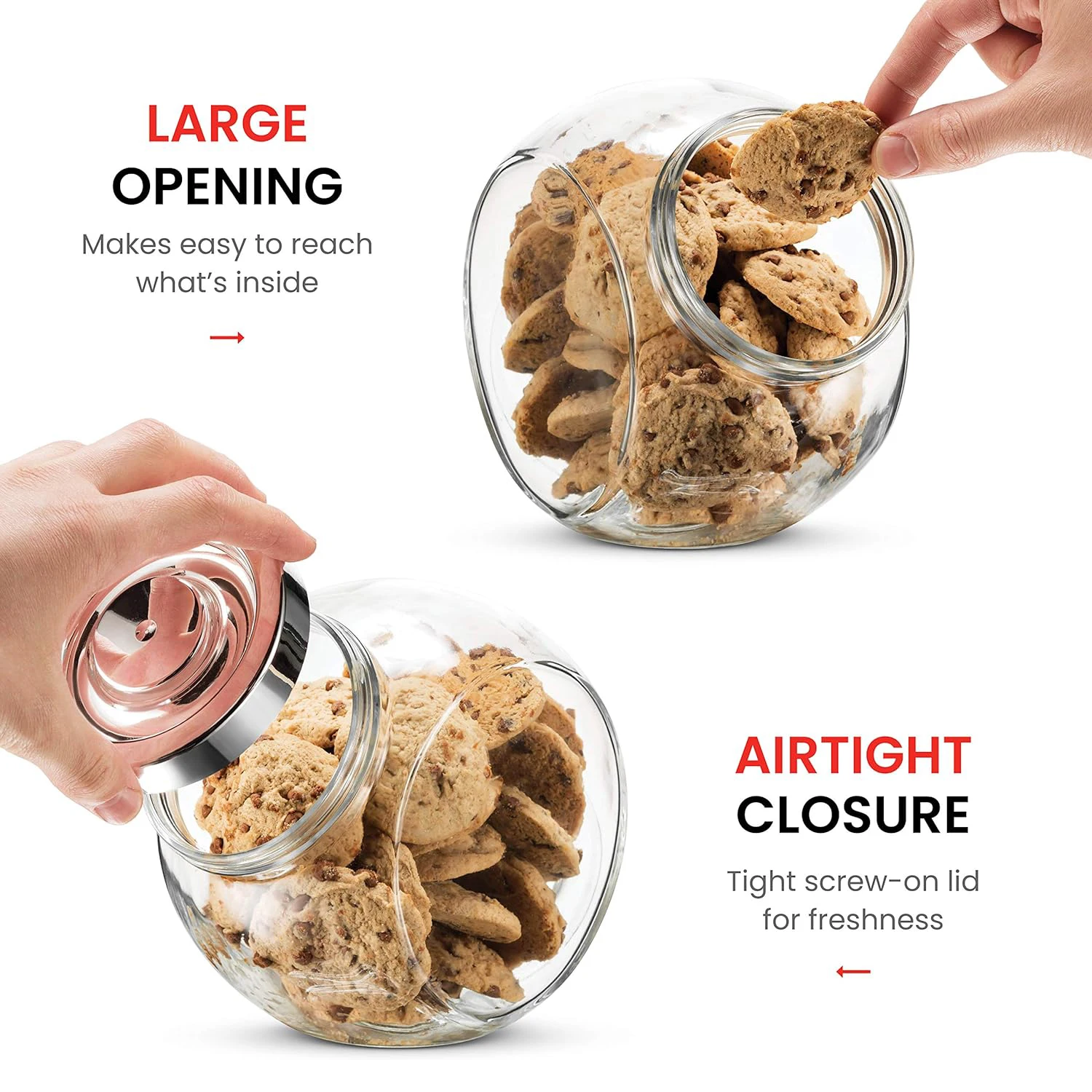 Glass Candy Cookie Jar With Plastic Airtight Seal Lid 2-Way Display Bulk-Food Storage Jar for Snacks