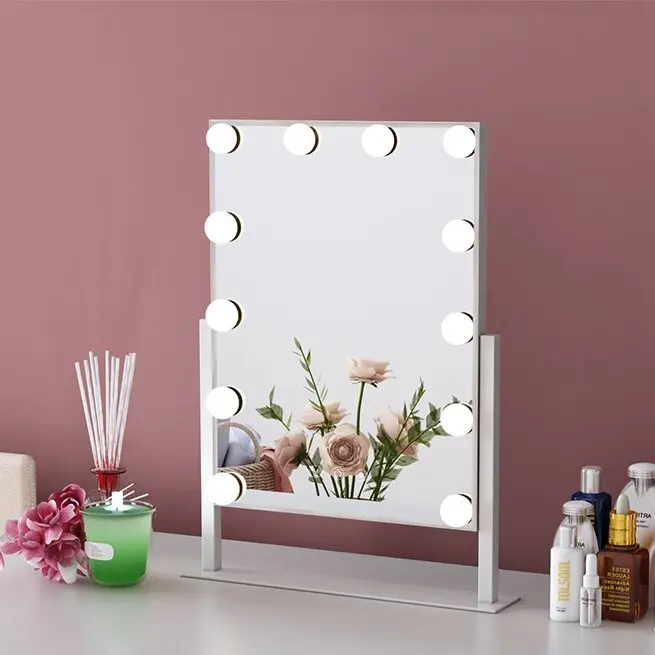 Desktop Square Shape Comfortable Size Polished Metal Frame LED Cosmetic Mirror Metal Standing Mirrors