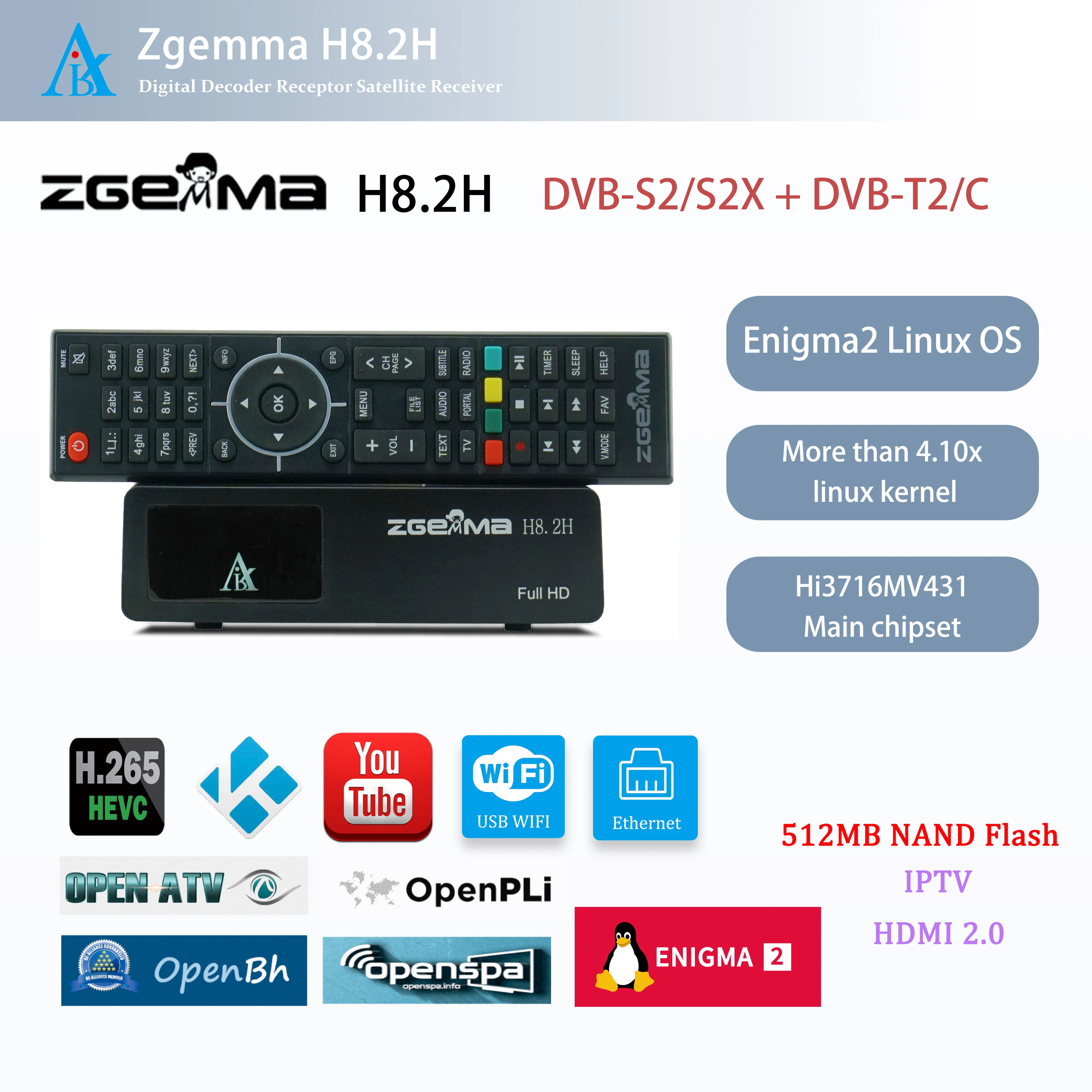 ZGEMMA H8.2H DVB-S2X + DVB-T2/C free to air 1080p Enigma2 linux OS H.265 satellite tv receiver