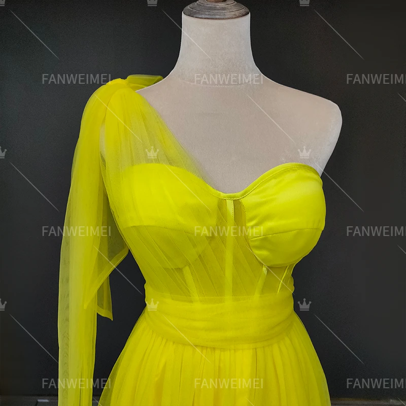 High Quality Sexy Yellow Tulle One Shoulder Evening Party Dress Sleeveless Open Back Bridesmaid Dresses for Women 2023 Vestidos