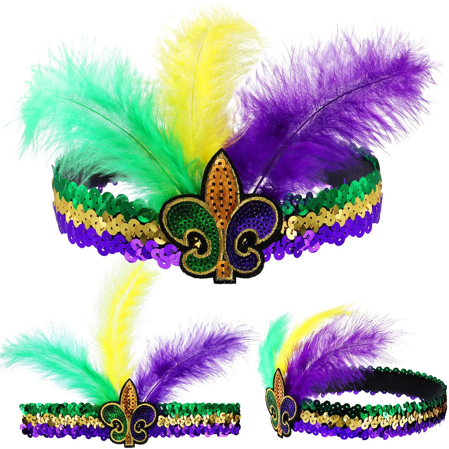 Повязка на голову с блестками Mardi Gras новая Маскарадная маска искусственными перьями фиолетовая желто-зеленая повязка подарок для фестиваля