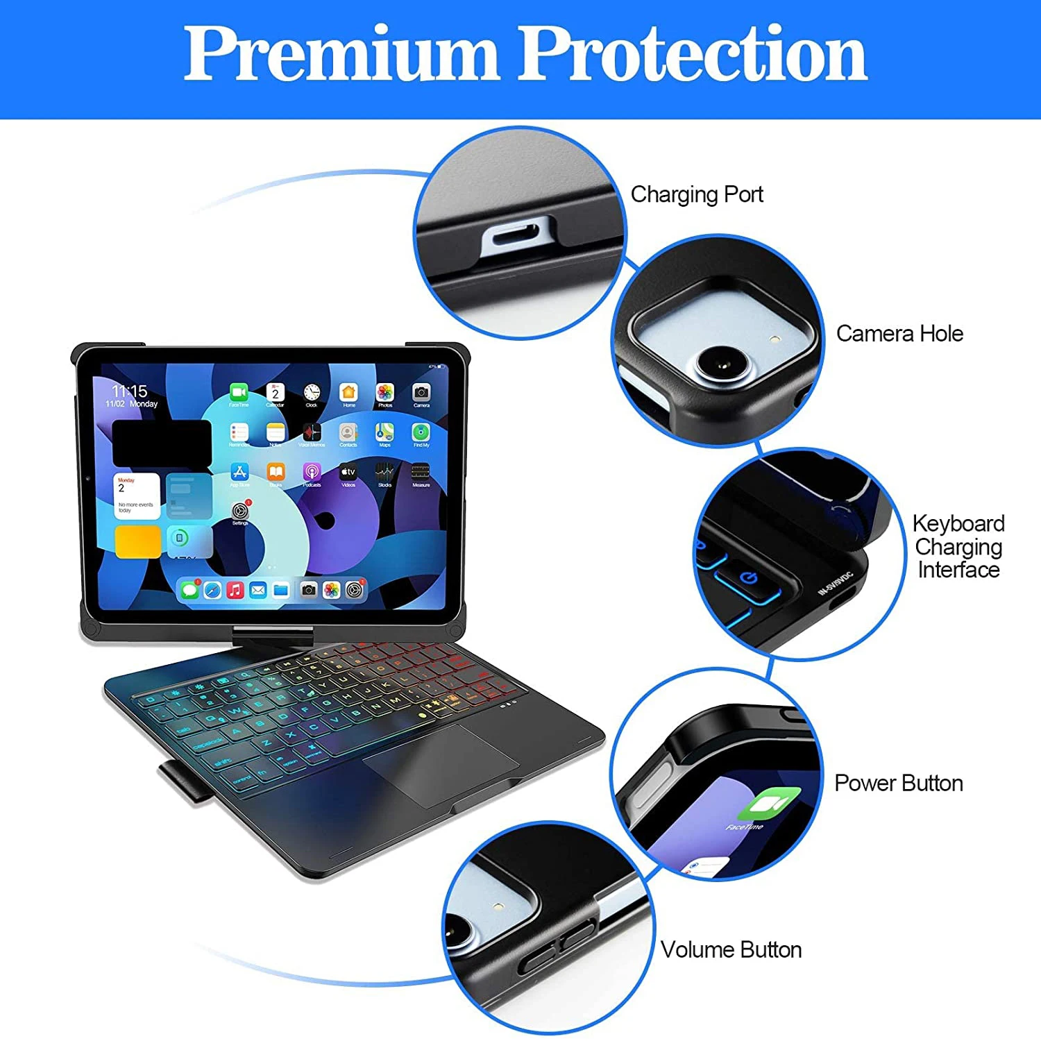 360 Rotatable 7 Color Backlight Touchpad Case Keyboard For Ipad Pro 11 Inch / Ipad Air 4 10.9 Inch