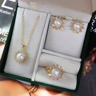 8-9mm Natural real freshwater Black Pearl bride jewelry White Zircon Classic Pearl Necklace Earrings Ring Set