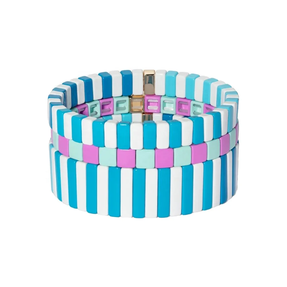 
2020 New Arrival Metal Alloy Painted White Black Rainbow Blue White Enamel Tile Beads Bracelets For Girls 
