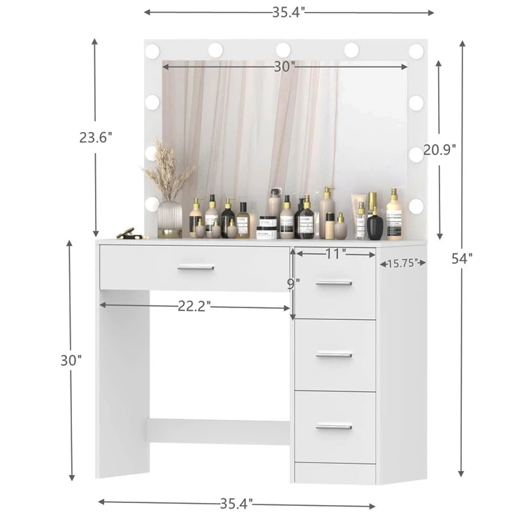 Bedroom Led Light Mirror Touch Screen Wood Dresser Desk Side Table 4 Storage Drawer Dressing Makeup Vanity Table