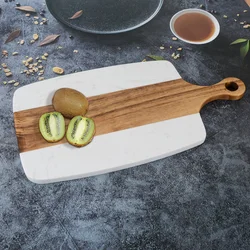 Wholesale Price Marble and Acacia Wooden Cheese Serving Board Charcuterie Platter with Handle for Wine Crackers Brie and Meat