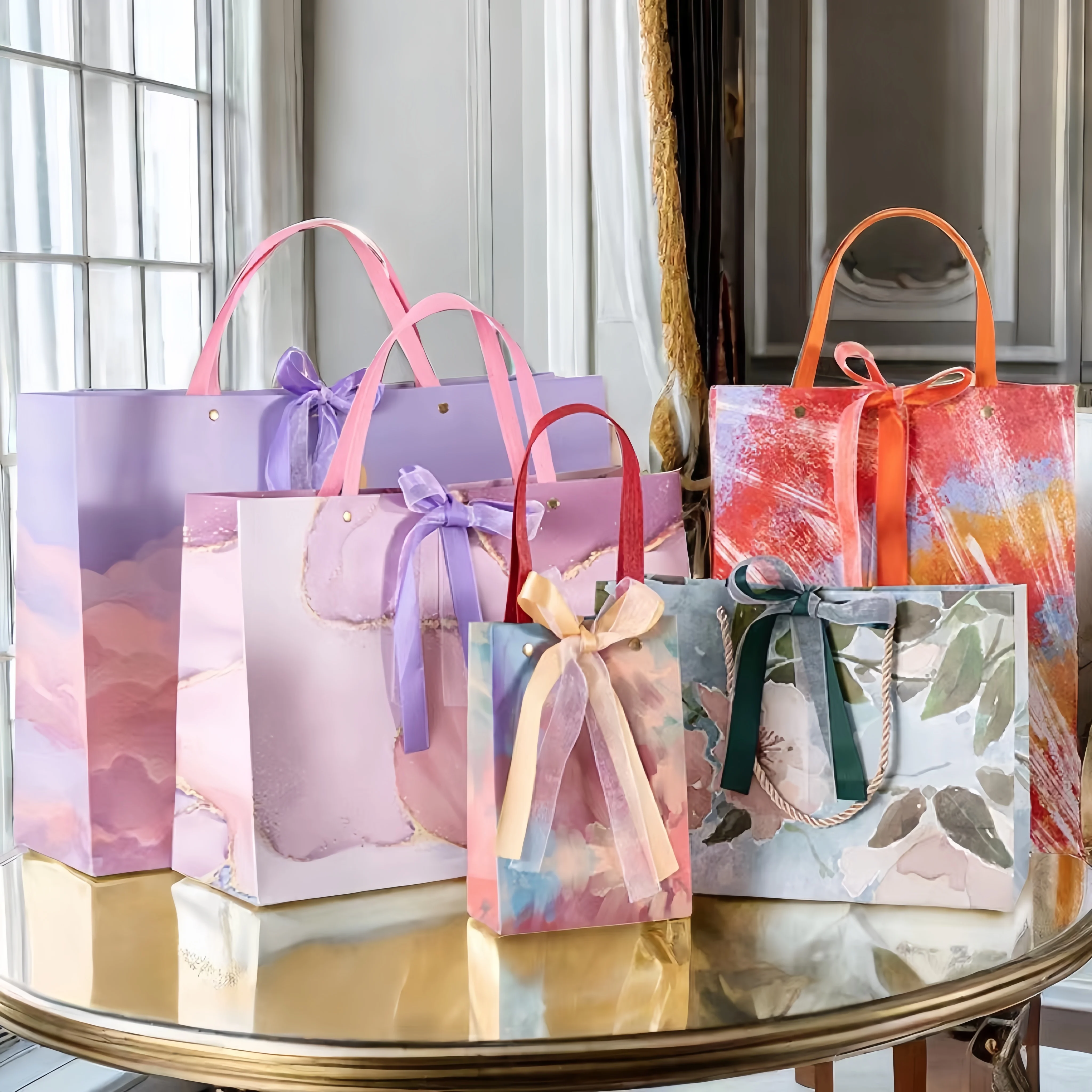 Custom Luxury Shopping Bag Card Paper Gifts Bag Printed Logo Copper Carrying Bag Ribbon Handle