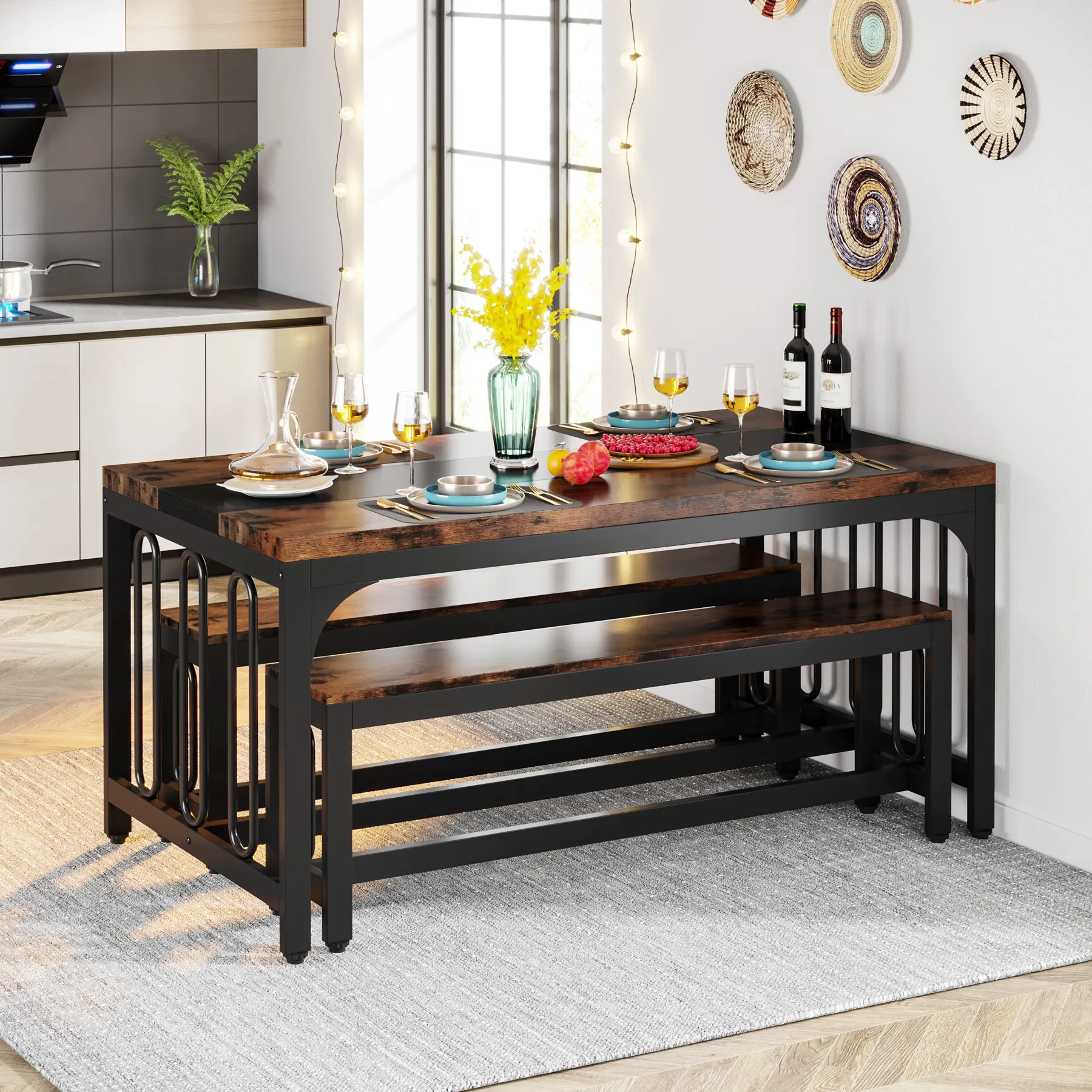 Solid Wood Rectangular Dining Table Set Home Restaurant Practical Dining Table and Chairs 3-piece Set