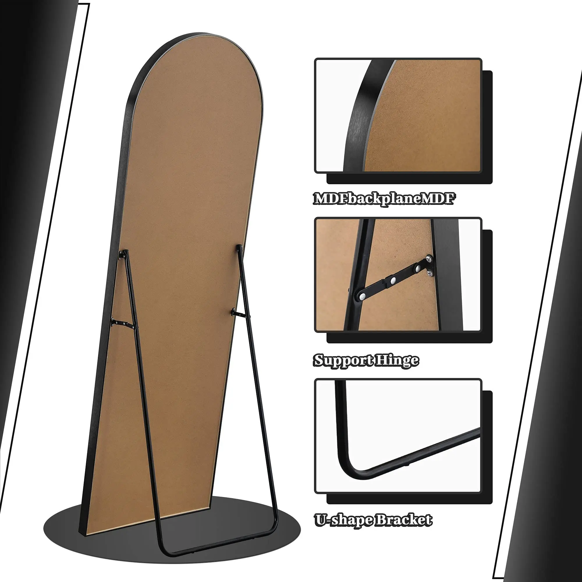 Gold Full-Length Arch Mirror Floor-to-Ceiling Metal Wire Drawing LED Lighting Glass Material Living Room Decoration Bathroom Use