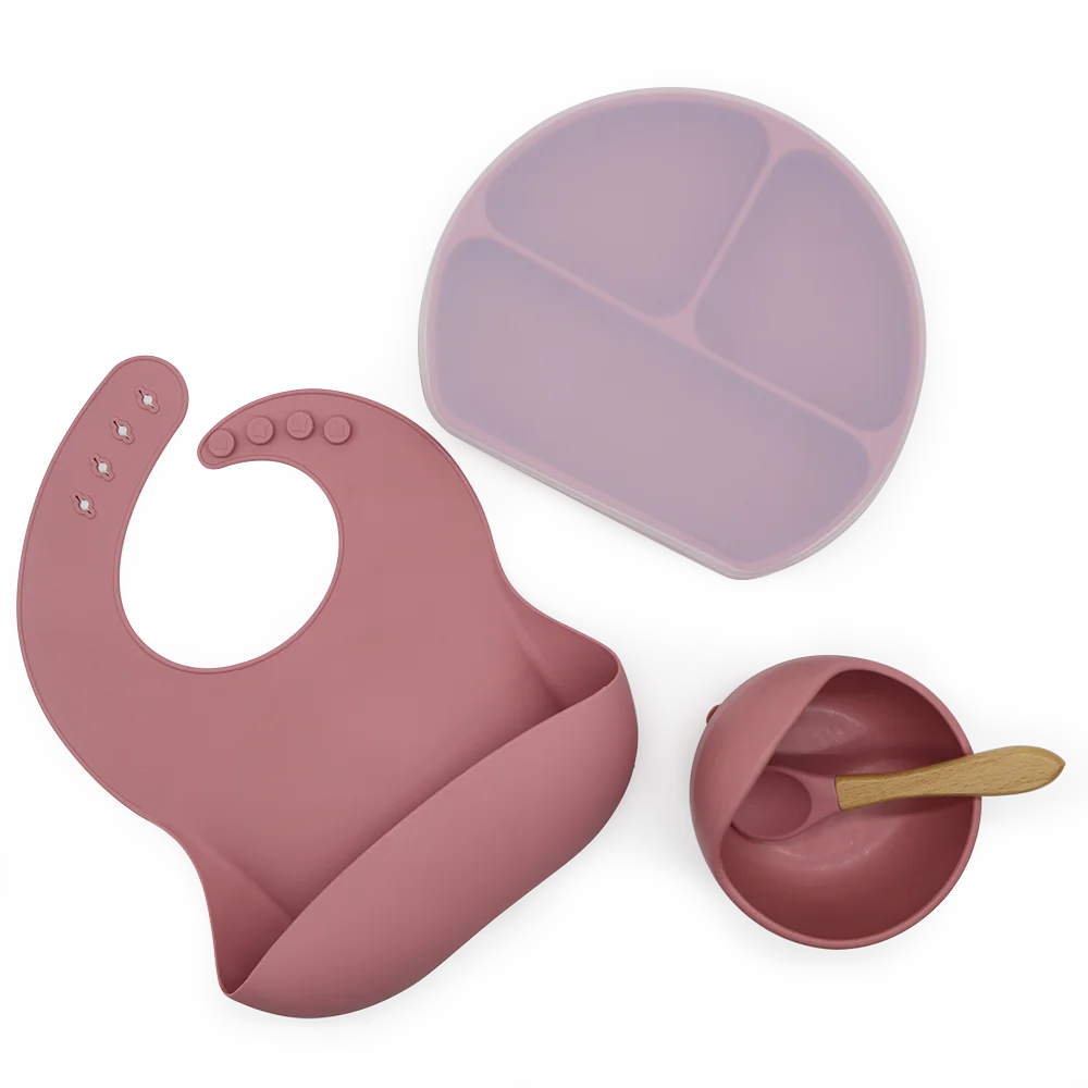 Baby Led Weaning Feeding Supplies Toddler Waterproof Bib Silicone Plate Spoon And Bowl Bpa Free silicone baby feeding sets