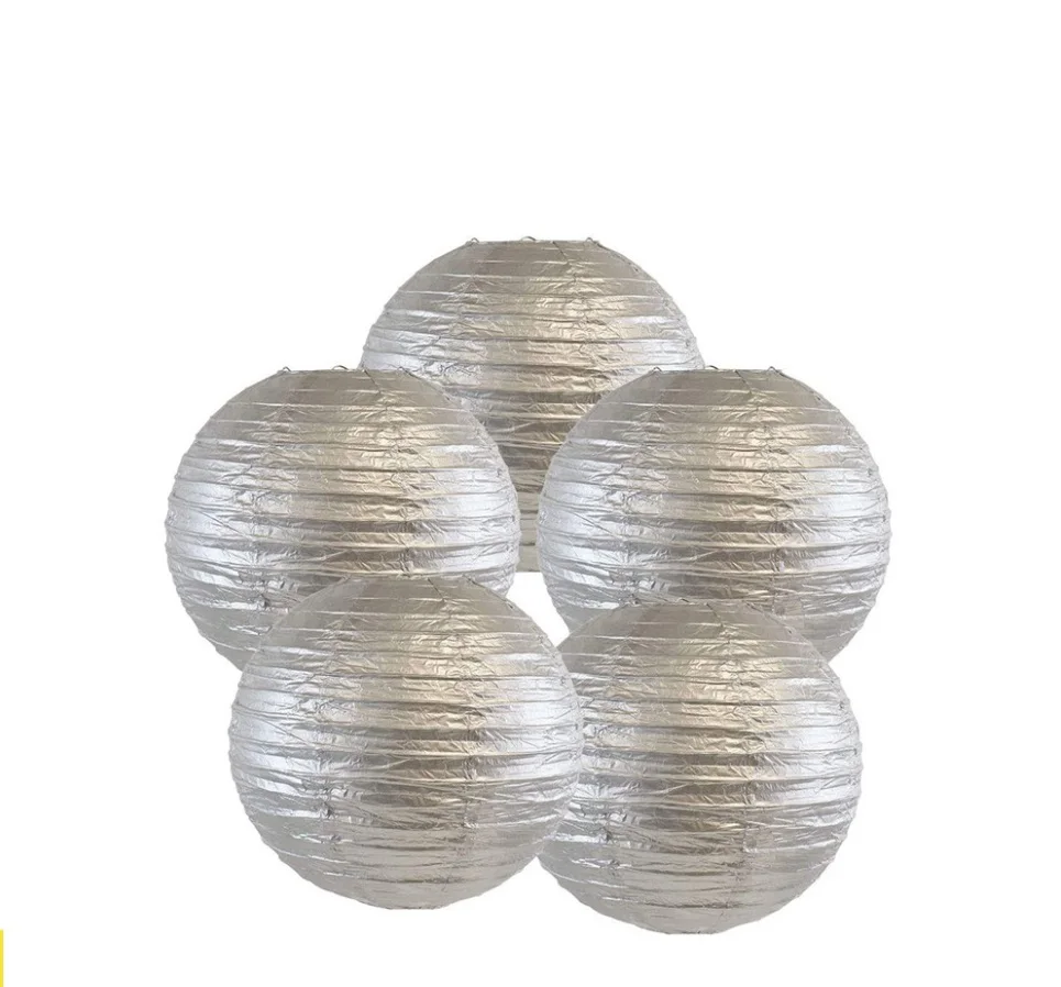 Stocked Party Deco Round Foldable  Silver Paper Lanterns