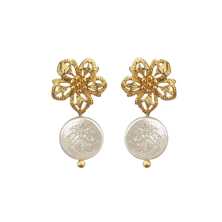 Fashion Jewelry 14K Gold Filled Flower 12-13mm White Natural Coin Pearl Drop Stud Earrings