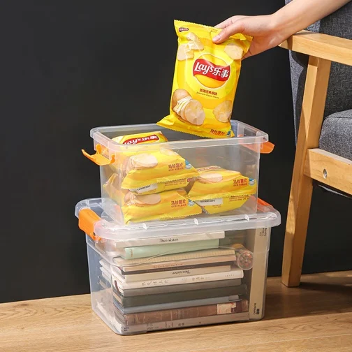 Plastic storage box with safety cover and buckle transparent durable stackable nested and organized household storage box