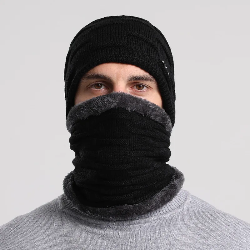 Wholesale custom Velvet Lined Thicken Ski Skull Caps Men Kids Winter Hat Scarf Set Neck Warmer Wool Knitted Beanie Hats