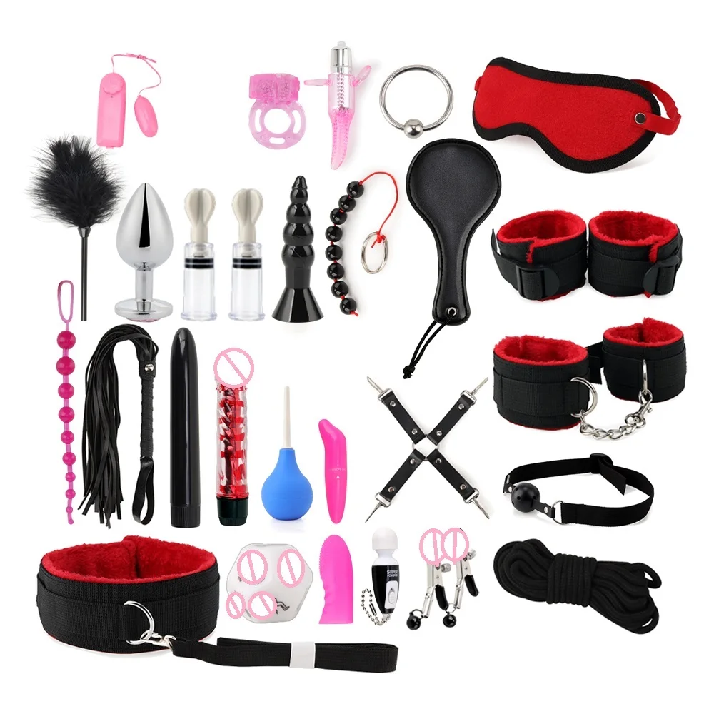 Sexy Anal Beads Condoms Nipple Clamps Handcuffs Whip Rope Anal Vibrator Bondage Kits Set for Couples Sex Games fetish