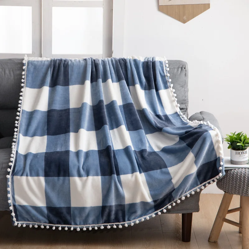 thick suitable Fringed balled checkered printed flannel Christmas blanket for four seasons sofa decoration