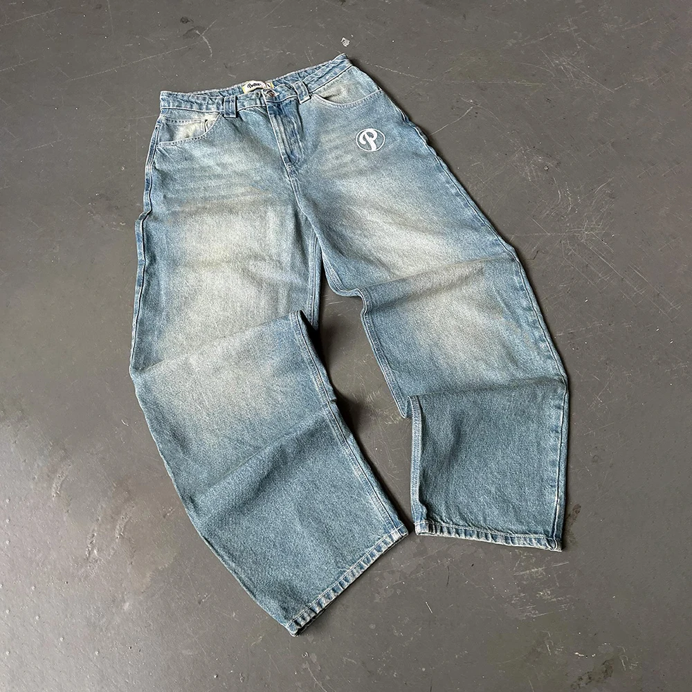 Manufacturer Custom Designer Pour Homme Loose Oversized Acid Wash Vintage Embroidery Distressed Denim Pant Baggy Jeans Men