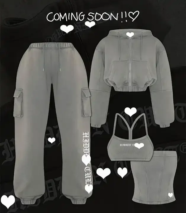 Wholesale Street Wear Women Acid Wash 3d Pocket Cargo Pants Halter Corset Zip Up Cropped Hoodie 3 Piece Set Women