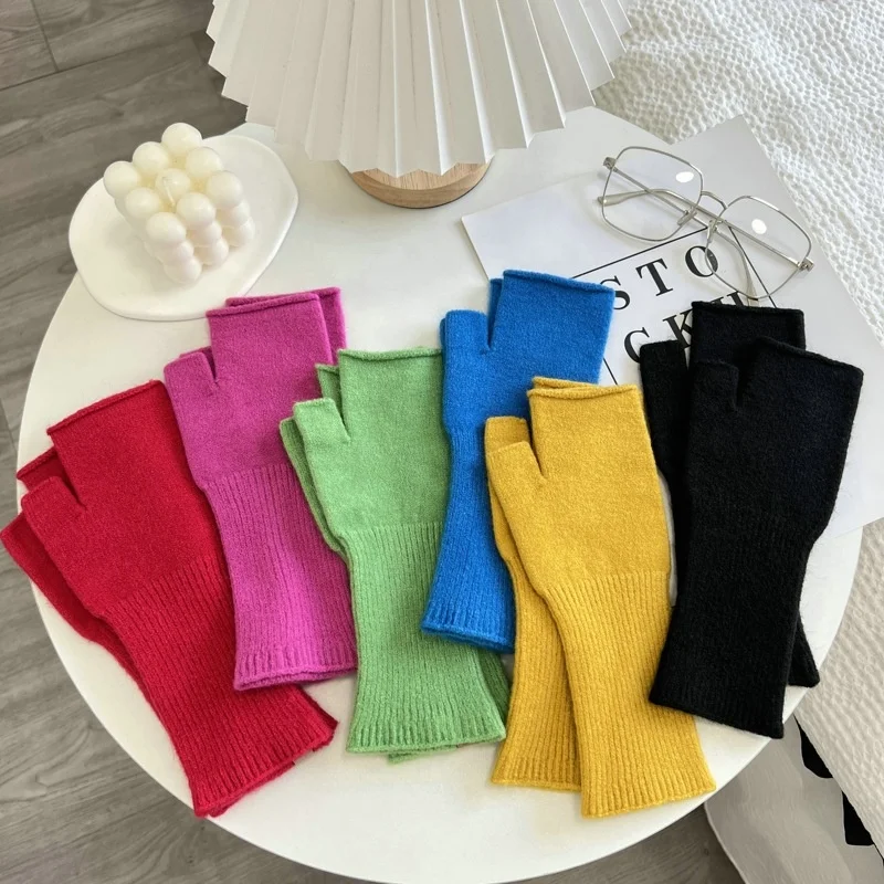 Solid Color Half Finger Knit Gloves Soft Warm Stretch Custom Knit Gloves Mittens For Men And Women