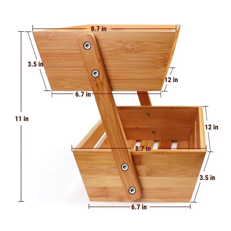 Bread Storage Stand Vegetable Rack 2-Tier Bamboo Fruit Basket For Kitchen And Offic