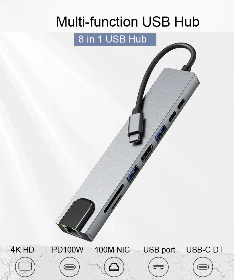 8 IN 1 USB Hub Fast Charger Socket Multi Function 4K HD USB C Charging port