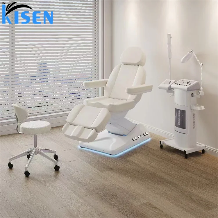 Trendy new design electric facial massage treatment table with 4 motors white eye lash bed with topper for beauty spa salon