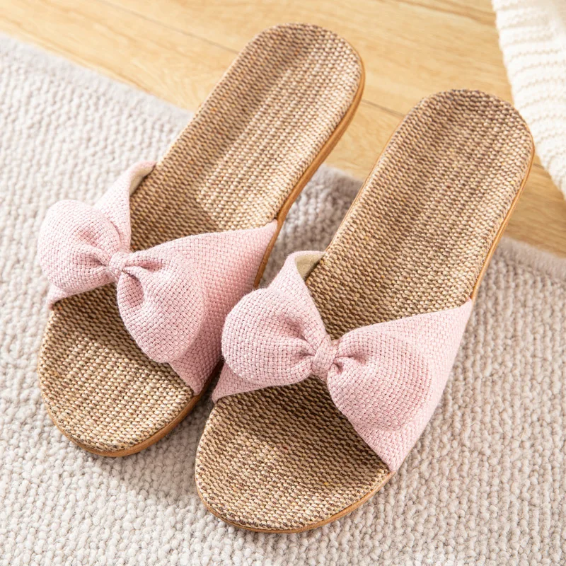 Bowknot Sandal Cotton Flax Summer Ladies Girls Slippers Brown Home Outdoor Non-Slip Cool Beach Holiday Slippers