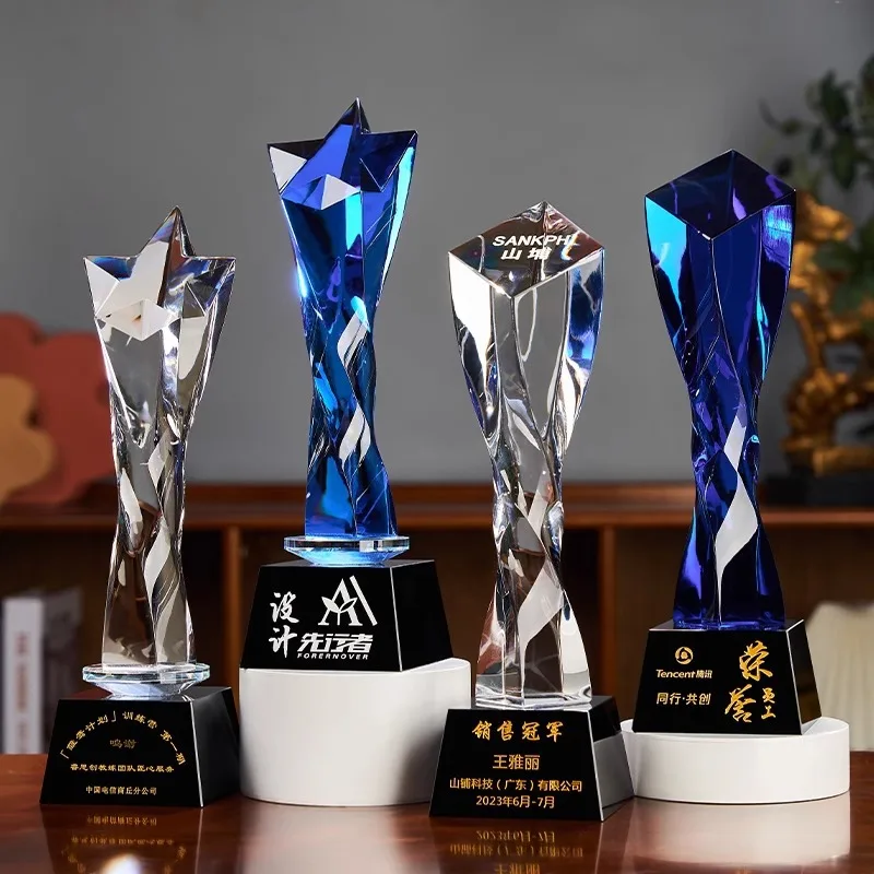 Custom Enterprise Employees Competition Award Glass Trophy Cheap Star Shaped Crystal Medals with Engraved Logo Souvenir