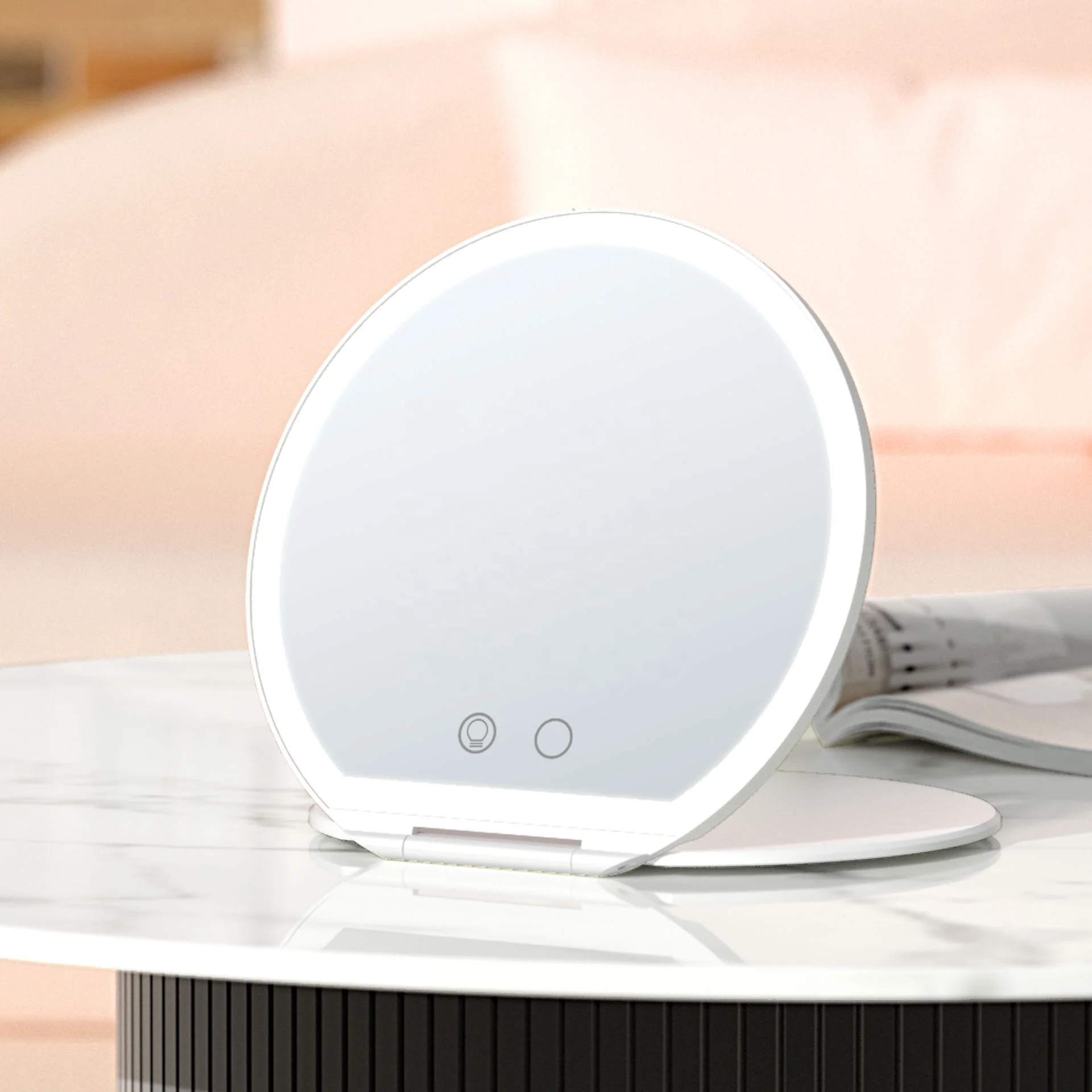 2023 New Arrivals Half Round Rechargeable Travel Makeup Mirror with Lights LED Portable Cosmetic Compact Mirror With Cover Case