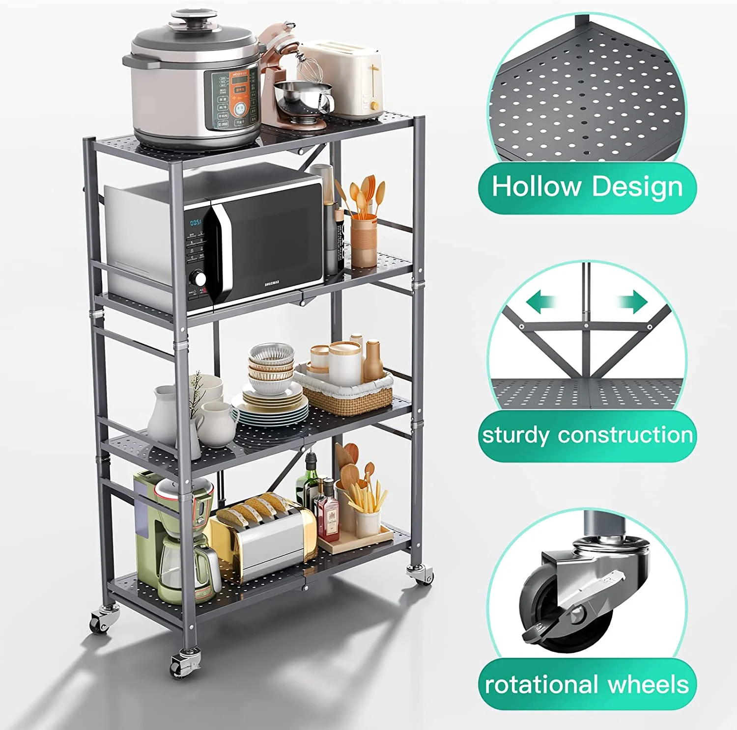 Multifunctional 3 Tier Foldable Storage Metal Rack Kitchen Oven Stackable Shelf Organizer Display Rack Folding Shelf With Wheels