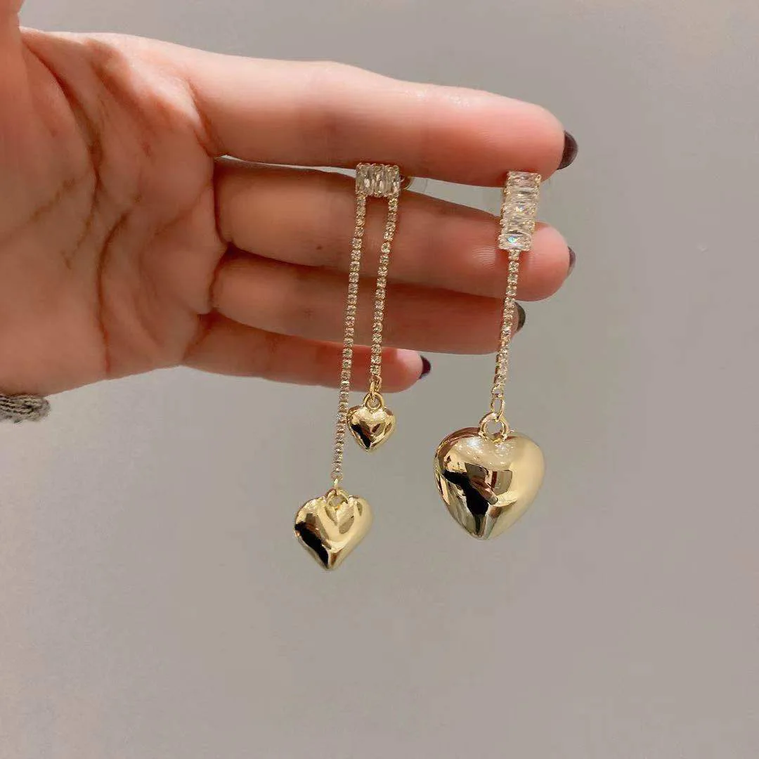 Jewelry 925 silver needle Korean fashion new style personality tassel asymmetry inlaid diamond Love Earrings long earrings