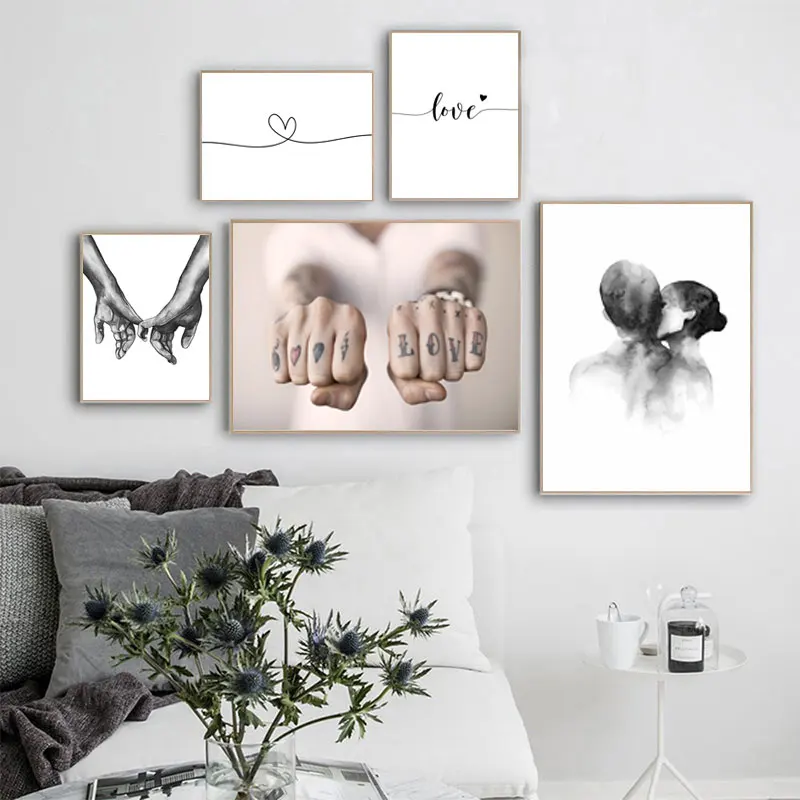 Black White Romantic Hand In Hand Canvas Painting Love Quotes Wall Art Poster Print Fashion Picture Couples Lovers Room Decor