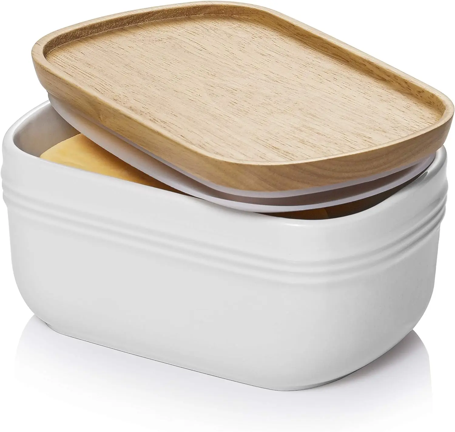 Large Butter Keeper Airtight Butter Container with Wooden Lid Ceramic Butter Dish Crock