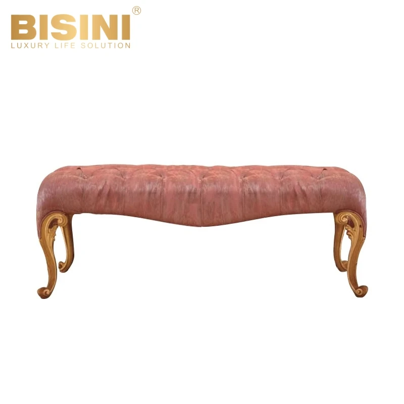 Traditional French Baroque Style Royal Villa Home Handcrafted Wood Carved Fabric Bed Foot Stool Bedroom Bed Set Beige Bench