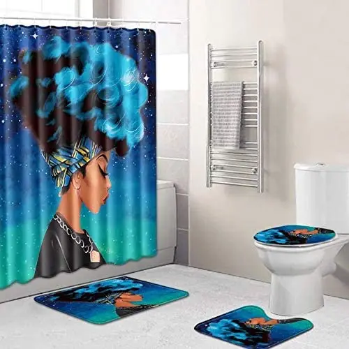 
New design OEM 4 pieces waterproof bathroom deco black women art african american shower curtains 