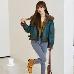 Wholesale fur coats with sleeves with Fox Collar woman leather coat fur coat bomber jackets woman fur jacket