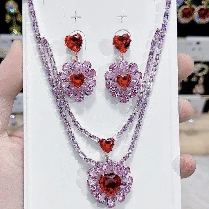 Bulk Order Stones Red Color Crystal Necklace Earring Sets For Wedding Dress Love Jewelry Set