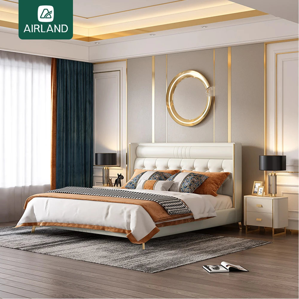 Full King/Queen Size Hotel Room Bed Frame Bedroom Furniture Designer Leather Light Luxury Solid Oak Wood White Bed Set Furniture