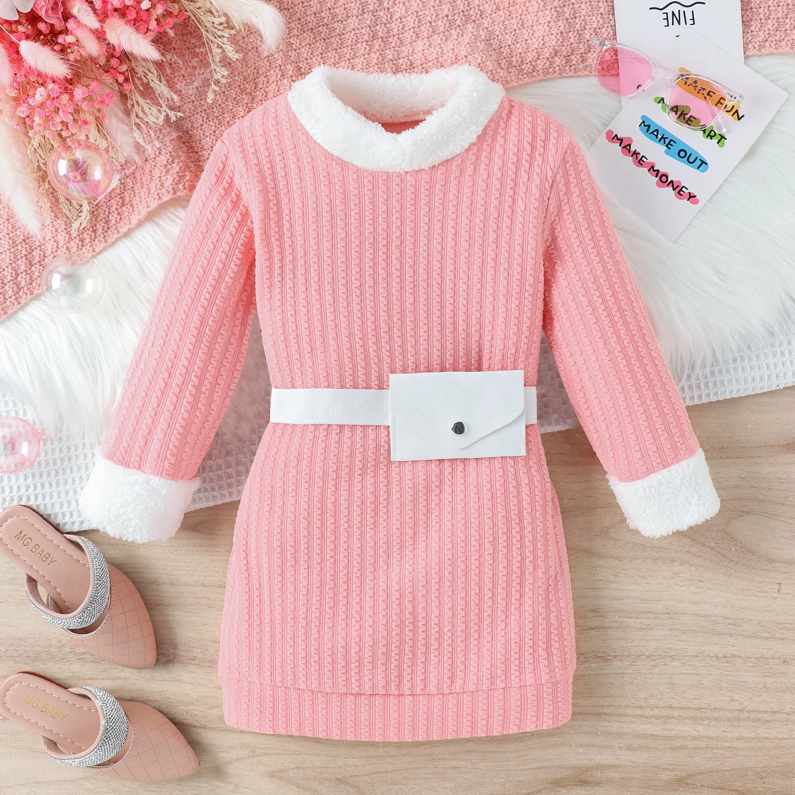2023 Autumn Children Clothes Wholesale Long Sleeve Furry Patchwork Straight Dresses Waist Bag 2Pcs Kids Girls Knit Dress