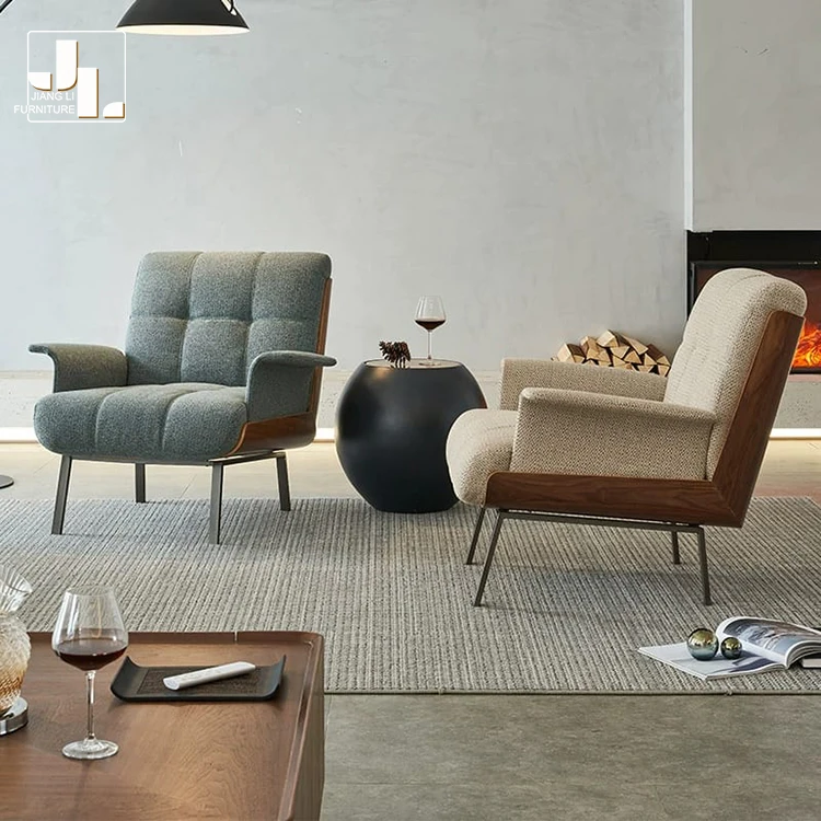 Nordic Walnut Color Wood Frame Leather Upholstered Lounge Chair Modern Living Room Hotel Luxury Accent Arm Chair Furniture