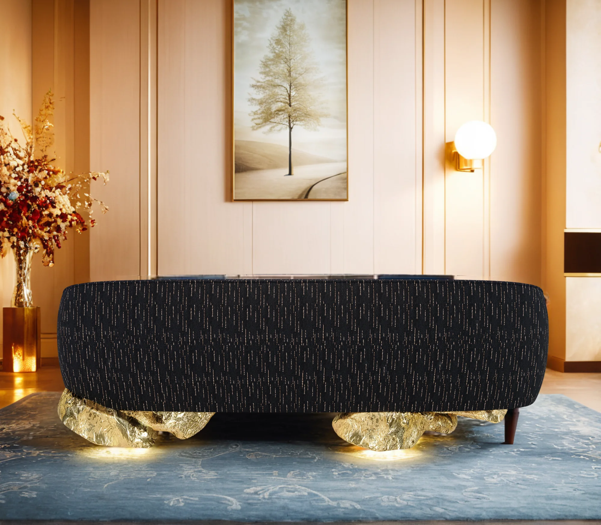 High quality brass base luxury black sofa villa home living room modern couch furniture