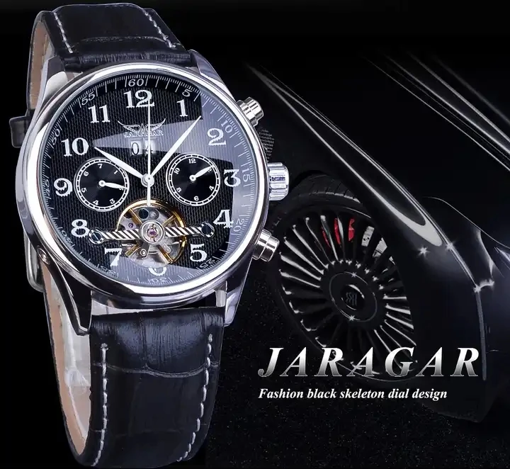 Jaragar New Mens Watches Automatic Tourbillon Mechanical Watch Black Calendar Clock Leather Strap Business Wristwatch Gift