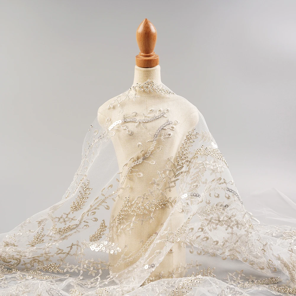 Bridal stone floral beaded sequin lace tulle mesh embroidery fabric for wedding dress