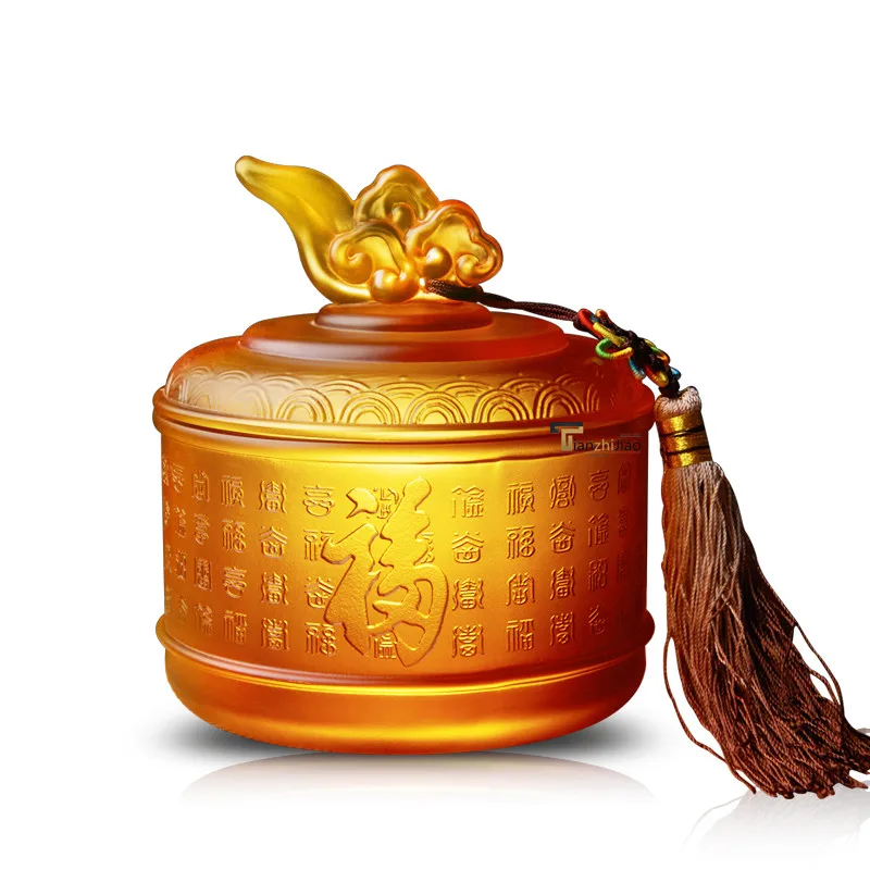 Custom Chinese Lazurite Amber Glass Decorative Bowknot Lid Home Office Storage Decor Canister Coffee Tea Candy For Storage