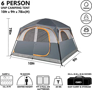2022 6 Person Waterproof and Windproof Easy Setup, Double Layer Family Camping Tent with 1 Mesh Door and 5 Large Mesh Windows