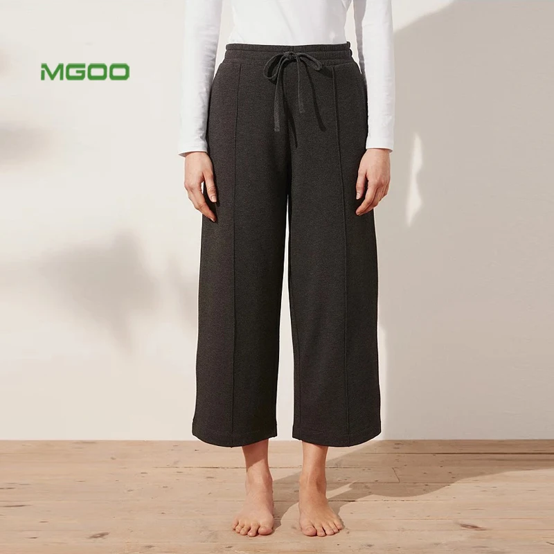 
MGOO Fleece Lining Channel Waist Cropped Pants Jersey Lightweight Lounge Trousers Women 