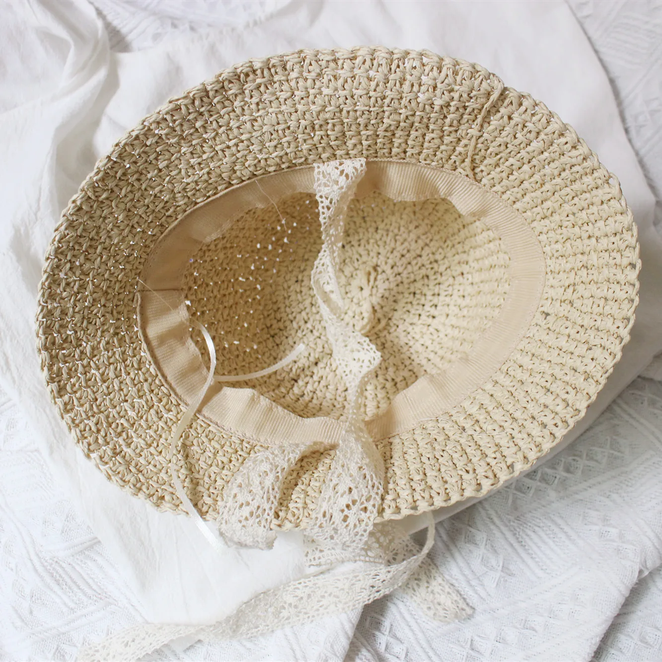 Wholesale Kids Straw Hats with long lace Summer Sun Hats for children 100% handmade sunscreen cap baby girls Brim Bucket hat